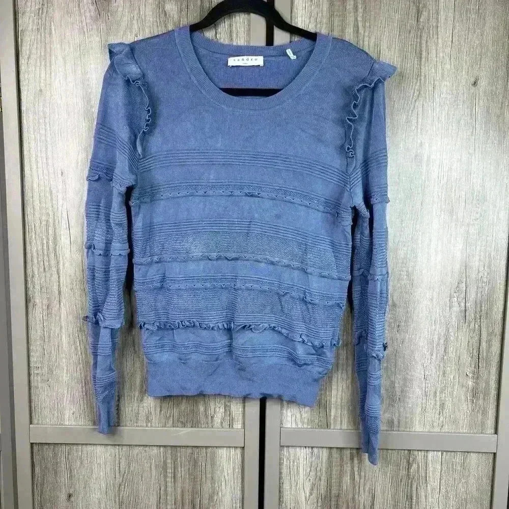 Sandro Paris Sweater Pullover Blue Round Neck Long Sleeve